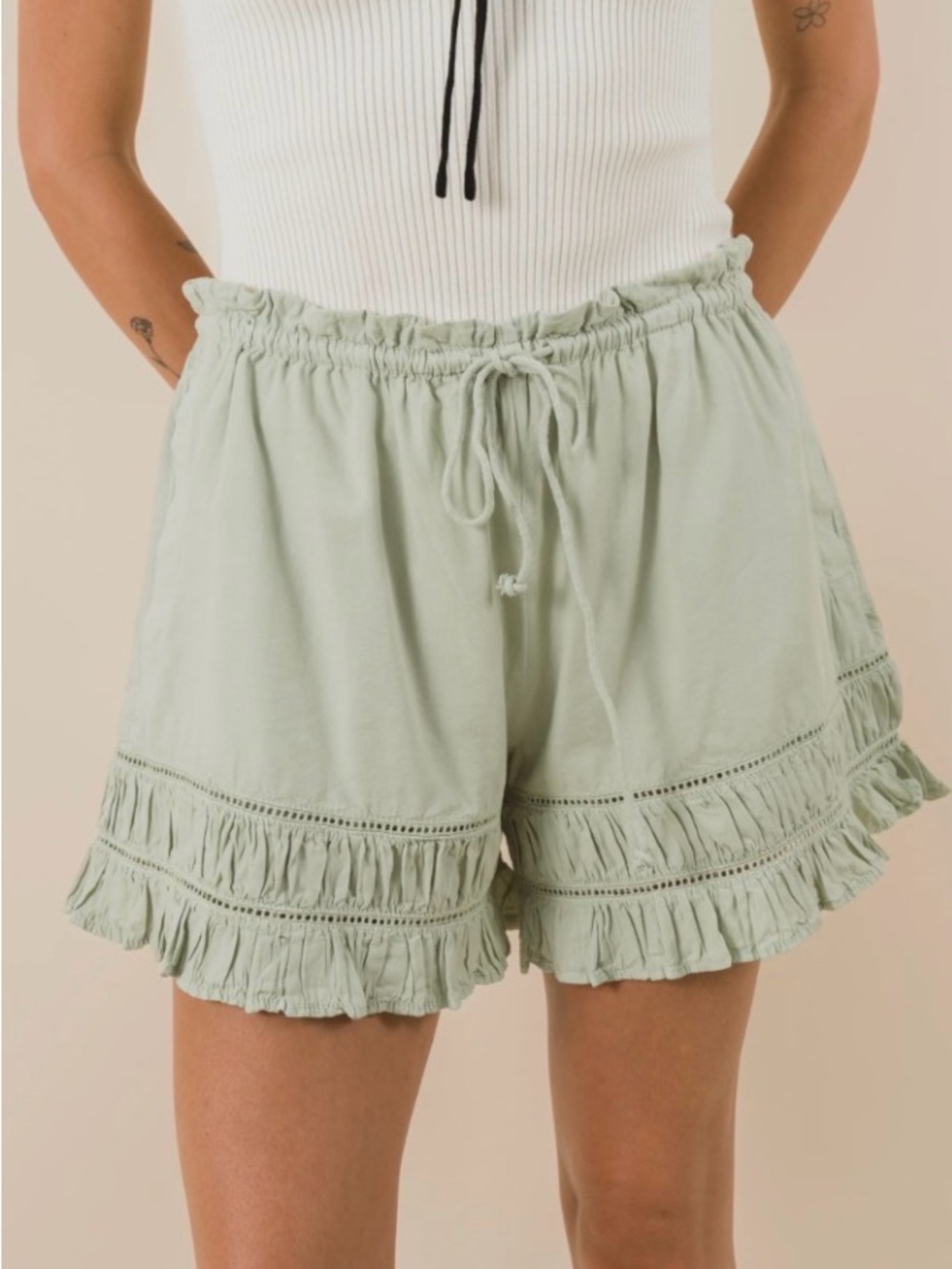 Free People Cream Ruffle High Waist Shorts